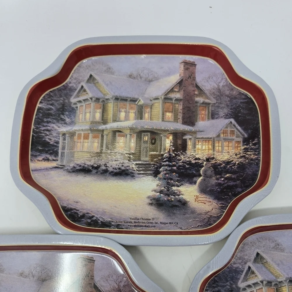 VINTAGE THOMAS KINKADE SMALL METAL TRAYS SET OF 3 VICTORIAN CHRISTMAS III 2004